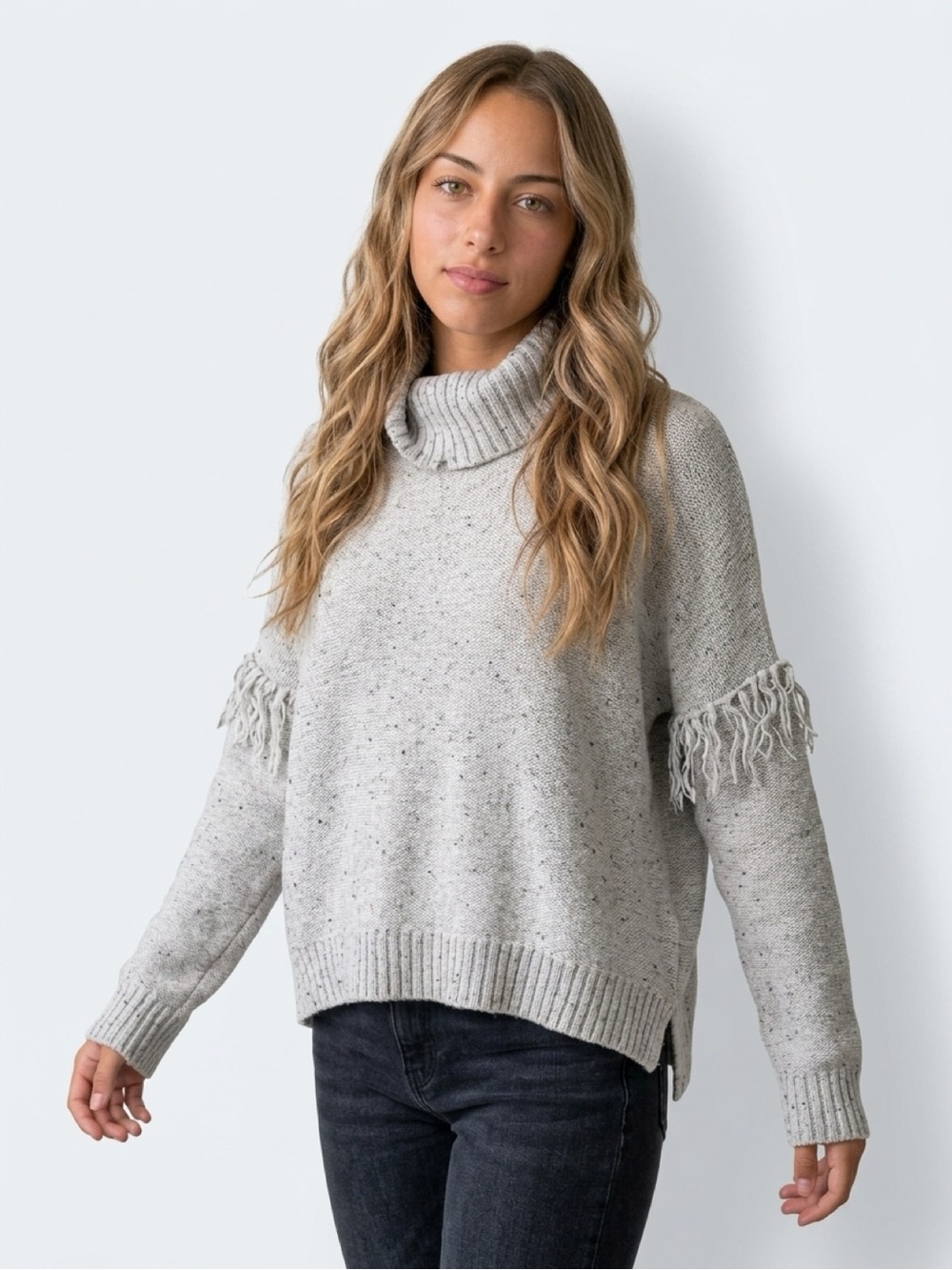 Aerie Cozy Light Gray Turtleneck Fringe Sweater